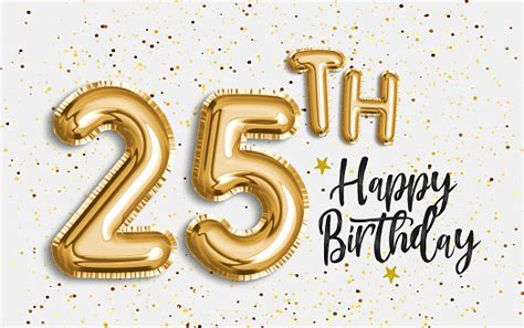 Happy 25th Birthday Gold Foil Balloon Greeting Background Stock Photo