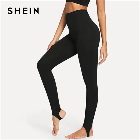 Shein Black Casual High Rise Stirrup Solid Long Skinny Leggings 2018
