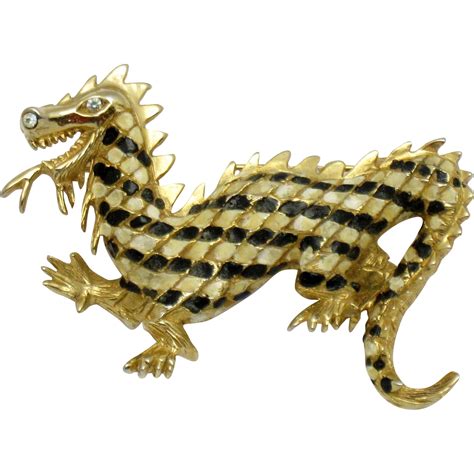 Figural Dragon Enamel Rhinestone Pin Brooch Vintage Dragon Jewelry
