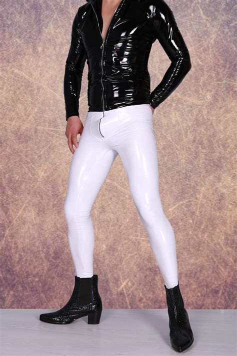Men Sexy Pants Slim Fit Trousers Elastic Tight Faux Leather Shining Glossy Stretchy Stylish In