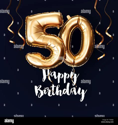 Happy 50th Birthday Gold Foil Balloon Background With Ribbons 3d