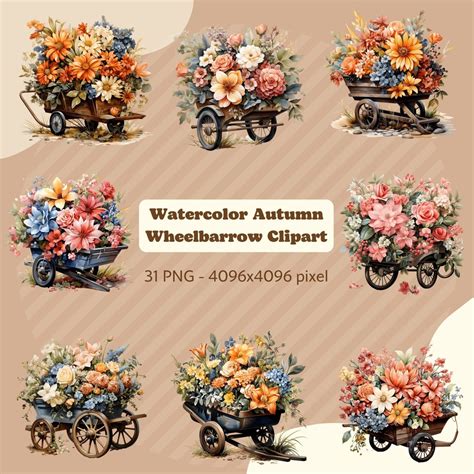 31 Watercolor Floral Wheelbarrows And Flower Cart Clipart Etsy