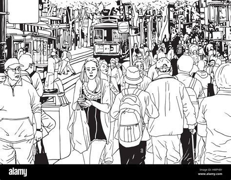 Street Crowd People Walking By The City Street Vector Illustration