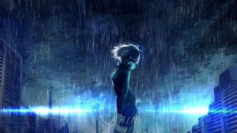 Wallpaper Anime Girls Reflection Rain Blue Light Stage Darkness