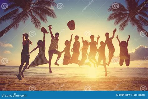 Group Of People Jumping At Beach Stock Image Image Of Friends Nature
