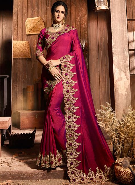 Buy Online Magenta Embroidered Wedding Designer Saree 108838