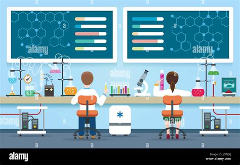Scientists Research In Laboratory Vector Illustration Chemical Lab Interior With Female