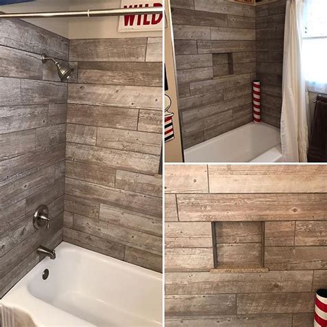 Surround paneling costs less than wall tile and is easier to install. Custom Wood looking tile tub surround! | Farmhouse style ...