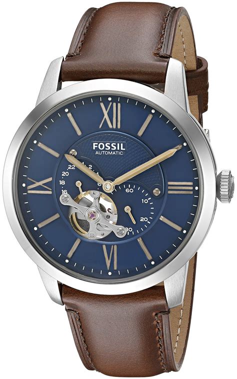 Fossil Mens Townsman Automatic Brown Leather Blue Dial Watch Me3110