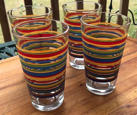 Vintage Set Of 4 Libbey Fiesta Striped Drinking Glasses Colorful Retro Kitchen Midcenturymodern