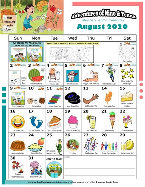 A Fun August Calendar For Kids To Follow Along With Featuring National