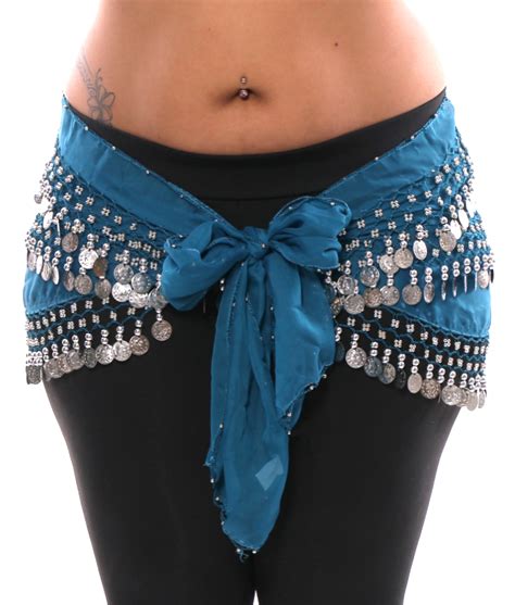 1x 4x Plus Size Chiffon Belly Dance Hip Scarf Sash With 3 Rows Of Silver Coins In Teal Blue
