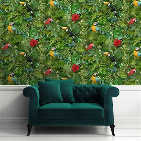 Muriva Tropical Bird Parrot Pattern Wallpaper Jungle Flower Leaves