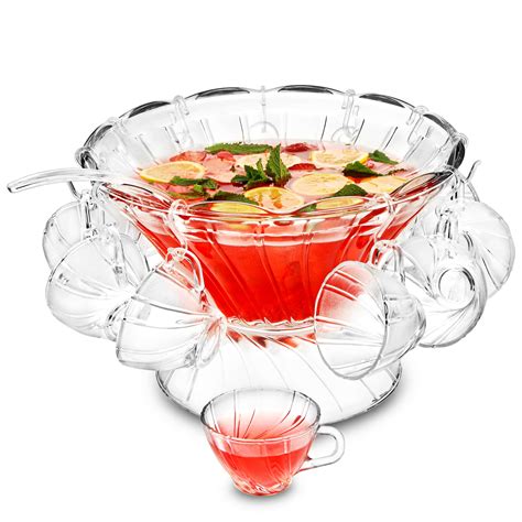 Large Glass Punch Bowl Set With 12 Cups At