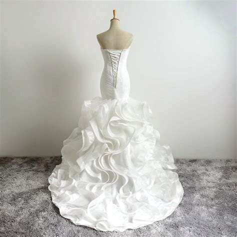 Ivory Floor Length Ruffle Trumpet Wedding Dress Featuring Ruched