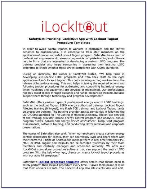 It is specific both to the equipment or system and to the scope of work. Osha Lockout Tagout Procedure Template