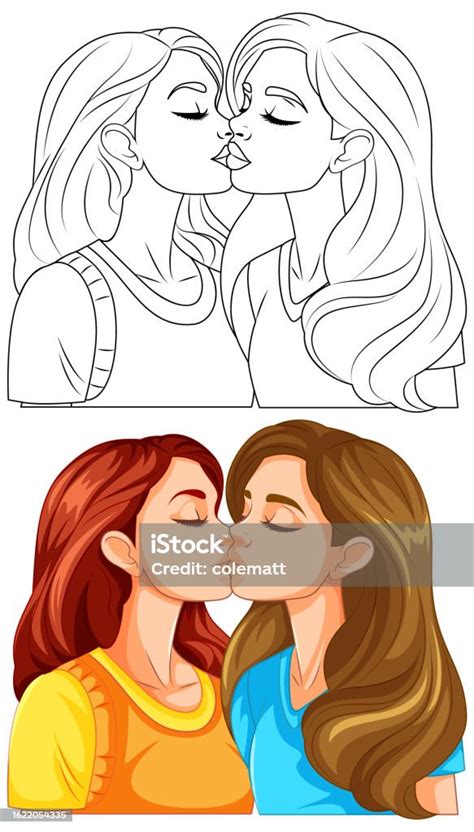 Couple De Lesbiennes Sembrassant Dessin Animé Isolé Vecteurs Libres De Droits Et Plus Dimages