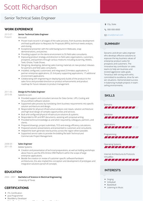 Engineering technicians can work in several specialized areas, including electrical and electronics engineering. Sales Engineer - Resume Samples and Templates | VisualCV