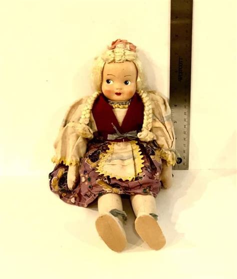 Vintage 1940s Cloth Doll Celluloid Mask Face Hand Painted Original Costume 14 Inch Doll