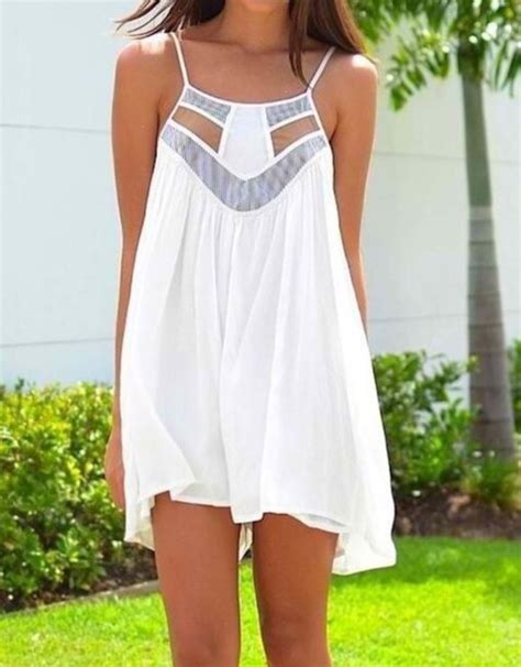 Dress Summer White Flowy Short Straps Light Grey Mesh Tumblr