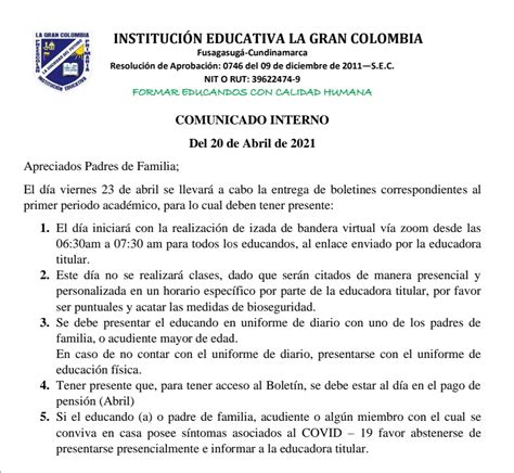 Instituci N Educativa La Gran Colombia Fusagasuga Comunicados I Y Ii
