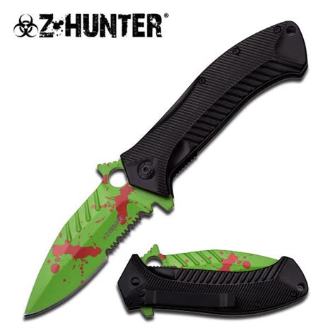 zombie hunter assisted opening knife red splash on green b
