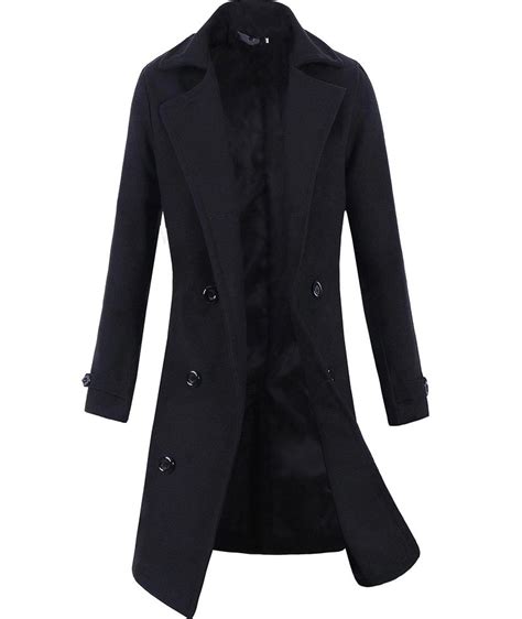 Men Premium Long Black Overcoat Double Breasted Black Wool Coat