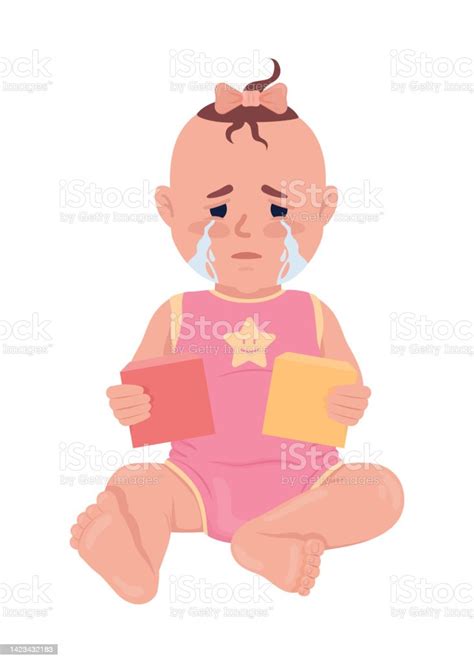 Crying Baby Girl With Construction Blocks Semi Flat Color Vector