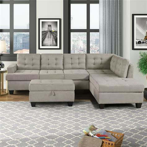 Modern 3 Piece Sectional Sofa With Chaise Lounge And Storage Ottoman L