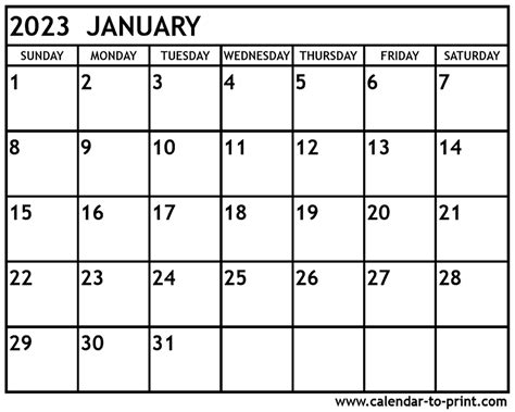 January 2023 Calendar Printable