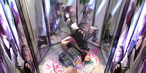Wallpaper Anime Girls Knee Highs Mirror School Uniform Skirt