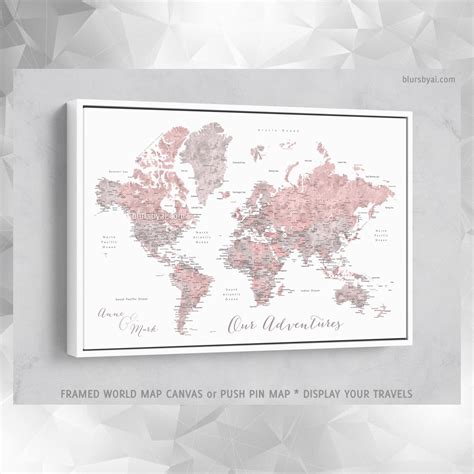custom world map with cities canvas print or push pin map in dusty pink and gray piper