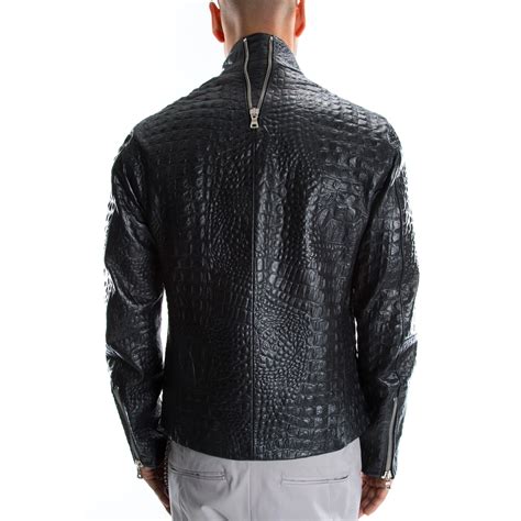black alligator crocodile italian handmade men genuine goatskin leather jacket slim fit xs to