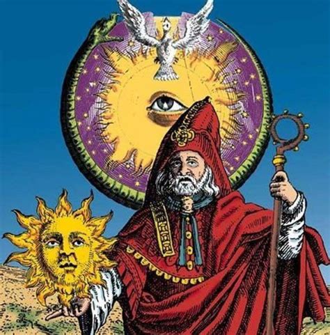 An Old Man Holding A Wand In His Hand With The Sun Above Him And Two