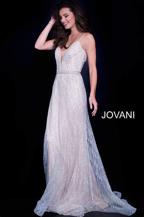 Jovani Silver Nude V Back Spaghetti Straps Embellished Belt Prom