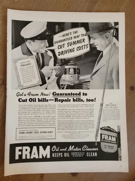 Vintage 1940 Fram Oil Filters Cut Oil And Repair Bills Print Ad