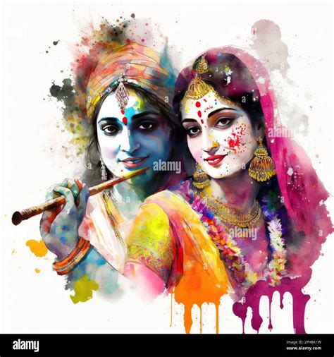 Krishna Radha Holi Colourful White Background Painting Generative Ai