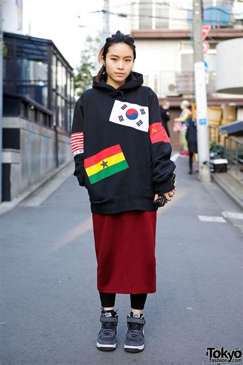 Supreme Flags Hoodie W Maxi Skirt Piercings And Pastel Ponytail