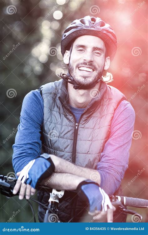 Portrait Of Male Biker With Mountain Bike Stock Image Image Of Graph