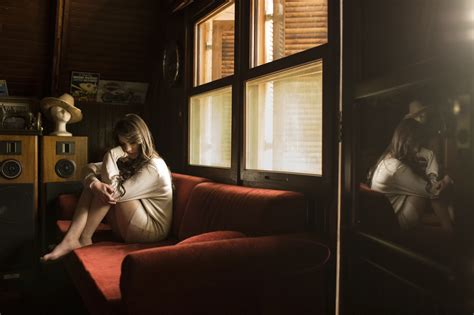 X Women Model Brunette Sitting Window Couch Reflection