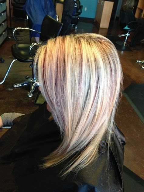 Light burgundy balayage on blonde hair. Blonde highlights with burgundy lowlights done by Karli ...