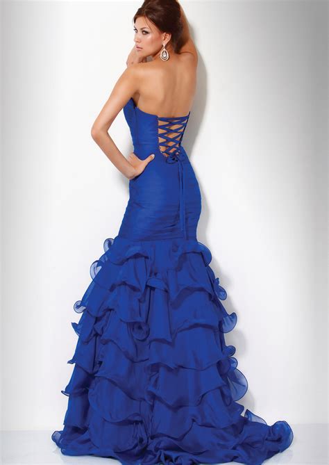 royal blue mermaid strapless sweetheart lace up sweep train full length tiered celebrity dresses