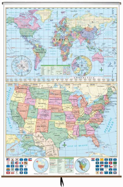 Classroom Wall Map Of United States And World On Roller Free Shipping