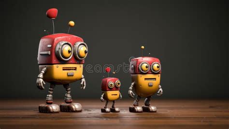 A Group Of Three Robots Standing Next To Each Other On A Wooden Floor
