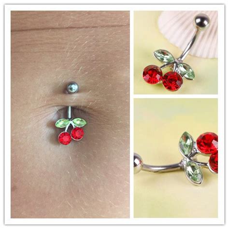 Rhinestone Red Cherry Navel Belly Button Barbell Ring Body Piercing In