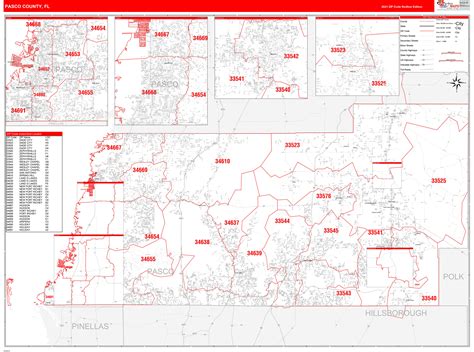 Pasco County Fl Zip Code Wall Map Red Line Style By Marketmaps Mapsales