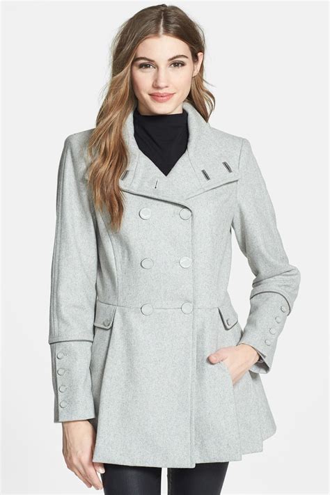 Calvin Klein Pleat Peplum Double Breasted Wool Blend Peacoat By Calvin