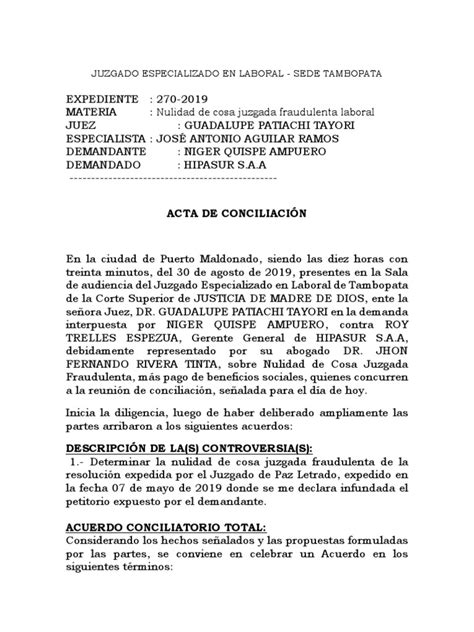 Acta De Conciliación Juzgado Especializado En Laboral Sede Tambopata