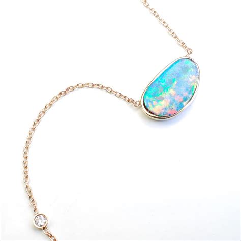 Opal Necklace Opal Diamond Necklace Blue Opal Necklace Etsy