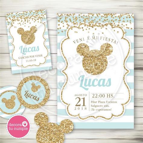 Kit Imprimible Personalizado Mickey Celeste Y Dorado Glitter Kit